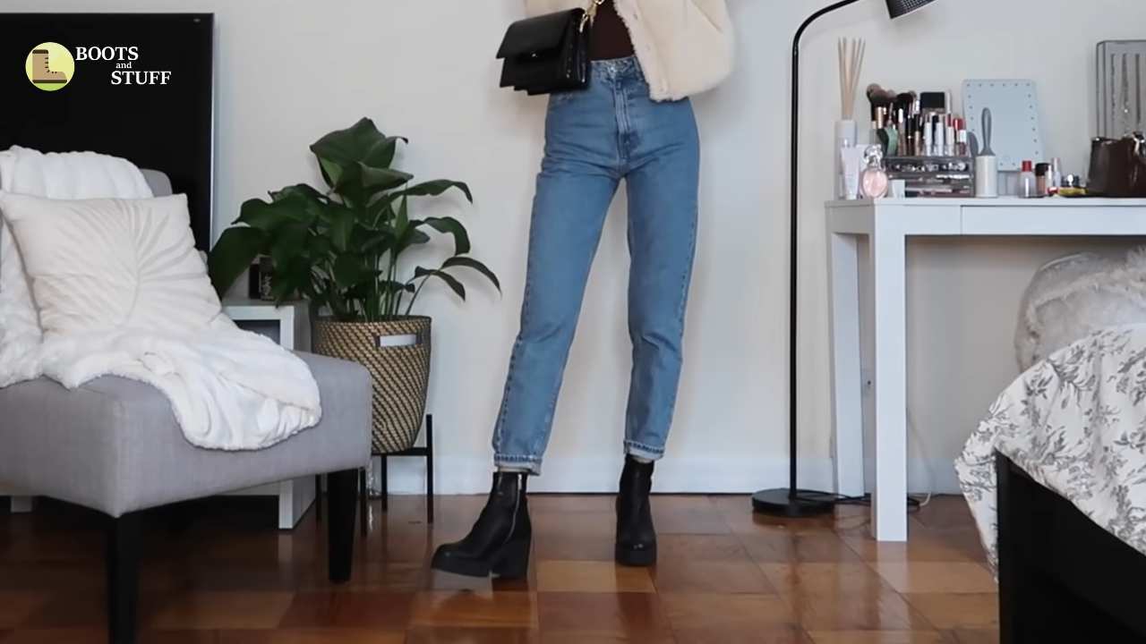 Edgy ankle boots with mom jeans